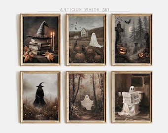 Printable Halloween Gallery Set, Witchy Wall Art, Ghosts Prints, Spooky Halloween Rustic Painting, Fall Wall Decor, Dark Gallery Art Set S84