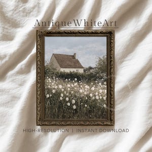 May include: An antique-style framed print featuring a quaint cottage nestled in a field of white flowers. The artwork has a vintage aesthetic, with the text "Antique White Art" at the top and "HIGH-RESOLUTION | INSTANT DOWNLOAD" at the bottom.