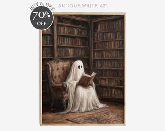 May include: A white ghost reading a book in a library setting. The ghost is sitting in a brown armchair with a book in its hands. The library is filled with bookshelves and books. The image is painted in a realistic style.