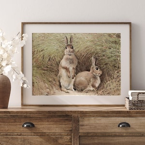 Peut inclure: Une illustration vintage de deux lapins bruns dans un champ d'herbe verte. Le lapin de gauche est debout, les pattes crois&eacute;es, tandis que le lapin de droite est assis. L'illustration est encadr&eacute;e dans un cadre en bois brun clair.