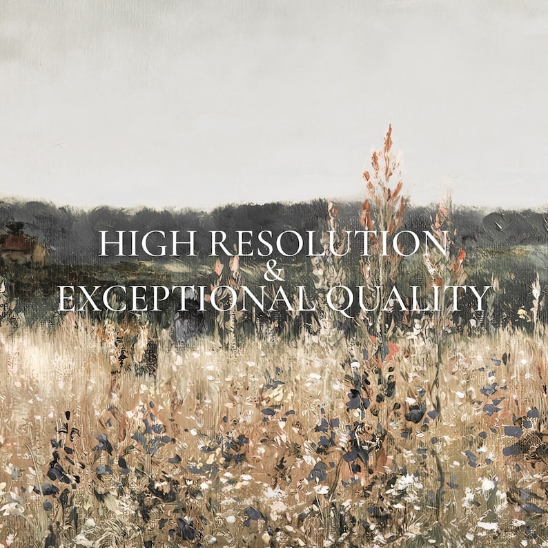 May include: A painting depicting a field of wildflowers with a cloudy sky in the background. The text "HIGH RESOLUTION & EXCEPTIONAL QUALITY" is superimposed on the image.