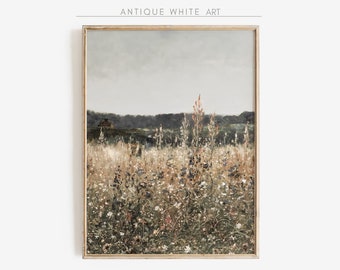 Printable Wildflower Field Landscape Vintage Painting, Neutral Antique Landscape Art Print, Country Field Wall Art Digital Download | A123