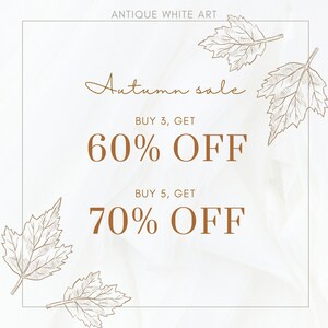 May include: A white background with brown text that reads "Autumn sale" and "BUY 3, GET 60% OFF" and "BUY 5, GET 70% OFF". The text is surrounded by brown line drawings of leaves.