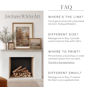 Puede incluir: Una exhibici&oacute;n de impresiones art&iacute;sticas enmarcadas sobre una repisa blanca, con el texto "Antique WhiteArt" en la parte superior izquierda. La secci&oacute;n de preguntas frecuentes de la derecha proporciona informaci&oacute;n sobre el enlace, los tama&ntilde;os y las opciones de impresi&oacute;n.
