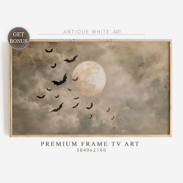 Marco de Halloween para TV, Pintura al óleo de luna llena, Arte de murciélagos para TV, Arte de brujas para TV, Descarga digital / TV509