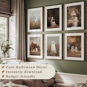 May include: Set of six printable digital art prints featuring a ghost in various settings. The prints are in a muted color palette with brown, beige, and white tones. The prints are displayed in a living room setting with a brown couch and a green wall.