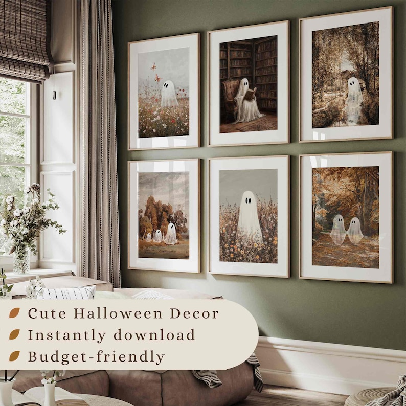 May include: Set of six printable digital art prints featuring a ghost in various settings. The prints are in a muted color palette with brown, beige, and white tones. The prints are displayed in a living room setting with a brown couch and a green wall.