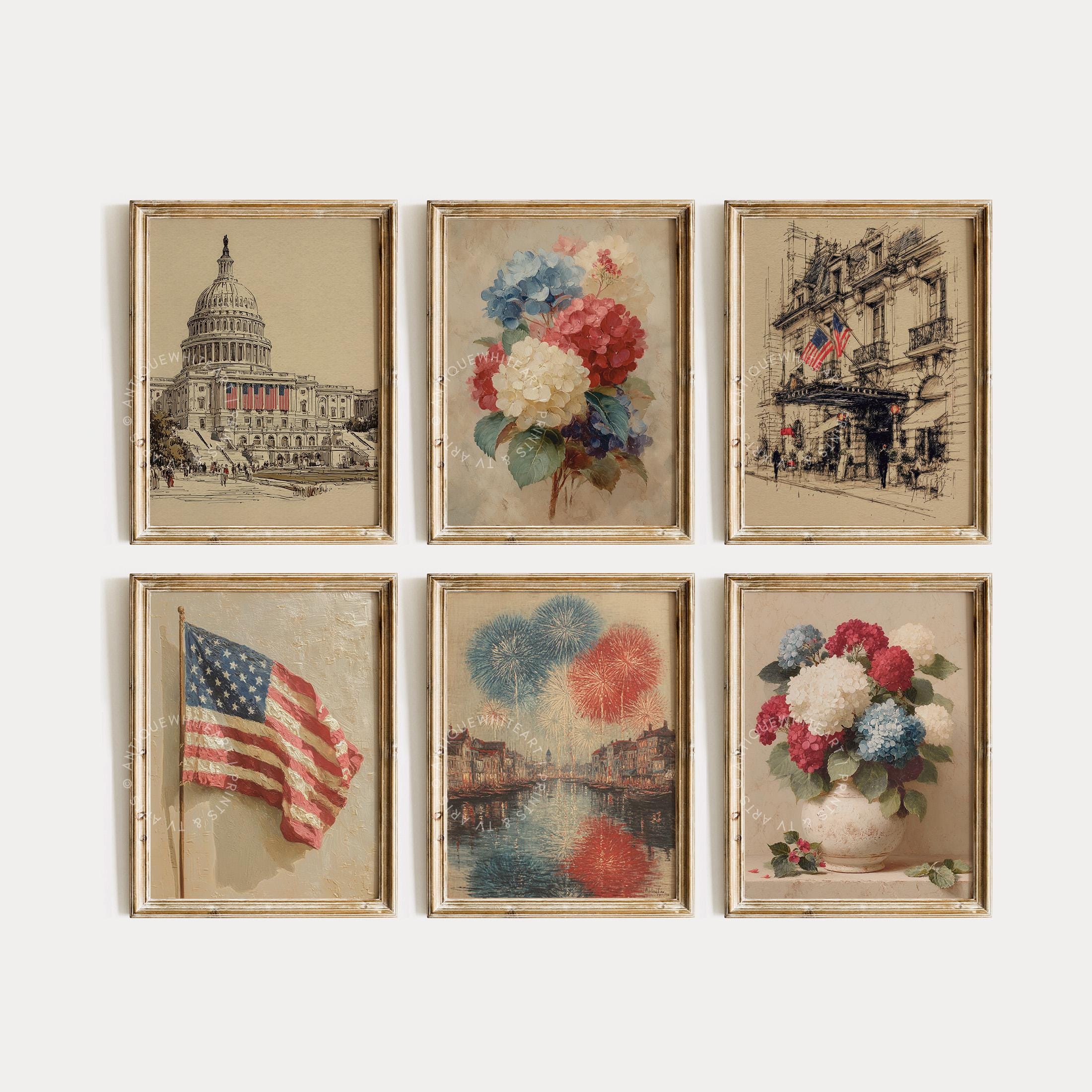 Printable Independence Day Wall Art, Gallery Set of 6, 4th of July Vintage Drawing, Vintage Neutral American Prints, Patriotic Wall Art S114