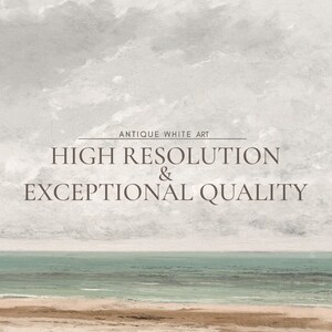 May include: A digital painting of a seascape with a cloudy sky and a sandy beach. The text "ANTIQUE WHITE ART HIGH RESOLUTION & EXCEPTIONAL QUALITY" is displayed in the center of the image.