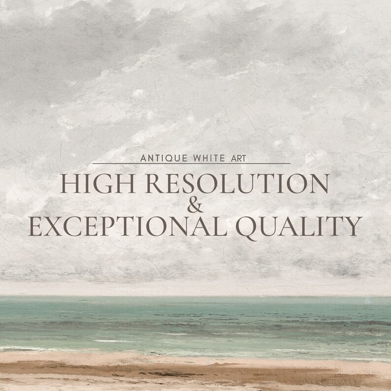 May include: A digital painting of a seascape with a cloudy sky and a sandy beach. The text "ANTIQUE WHITE ART HIGH RESOLUTION & EXCEPTIONAL QUALITY" is displayed in the center of the image.