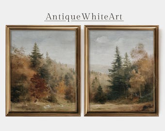 Fall Forest Painting, Gallery Set of 2, Printable Autumn Wall Decor, Vintage Prints, Farmhouse Gallery, Autumn Aesthetic Pair Prints | S125