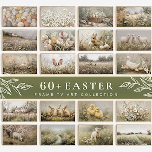 May include: A collection of framed art prints with an Easter theme. The prints feature pastoral scenes with eggs, flowers, rabbits, lambs, and ducks. The text "60+ EASTER FRAME TV ART COLLECTION" is displayed on a green banner.