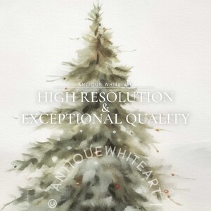 May include: Watercolour painting of a Christmas tree in shades of green and brown, set against a light background. The image includes the text "HIGH RESOLUTION & EXCEPTIONAL QUALITY" and "ANTIQUE WHITE ART".