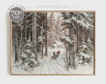 May include: A vintage painting of a snowy forest scene with a horse-drawn sleigh in the foreground. The trees are covered in snow and the sky is a pale blue. The painting is framed in a simple wooden frame.