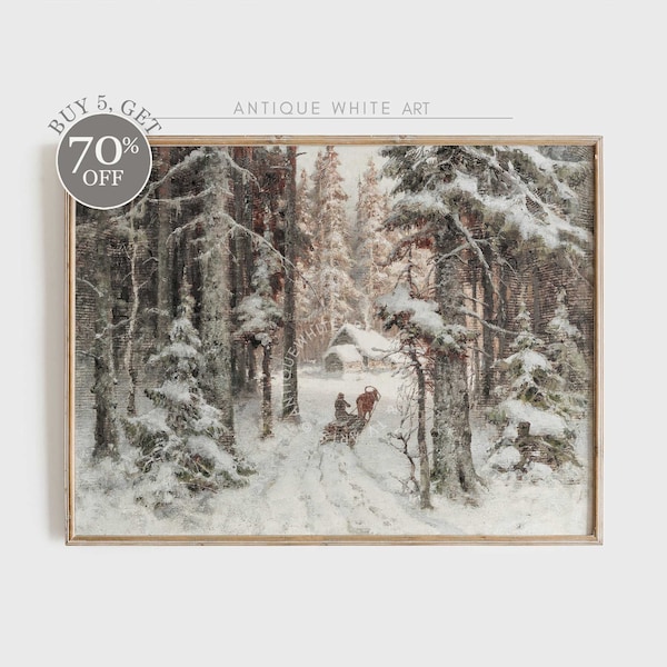 Vintage Winter Print, Rustic Snowy Winter Forest Art, Neutral Landscape Painting,  Country Scenery, Farmhouse Decor, Digital Download | W50