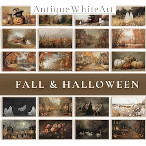 May include: A collection of twenty-four rectangular framed art prints featuring fall and Halloween themes, including landscapes, pumpkins, ghosts, witches, and floral arrangements, with the text AntiqueWhiteArt and FALL & HALLOWEEN.