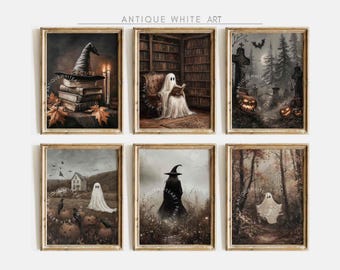 Printable Halloween Gallery Set, Witchy Wall Art, Ghosts Prints, Fall Painting, Halloween Rustic Wall Decor, Dark Gallery Art Set | S86