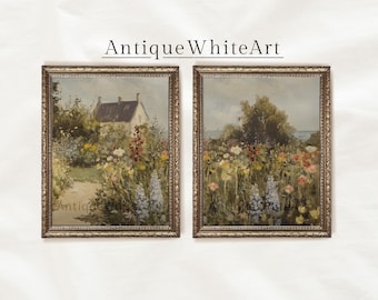 May include: Two framed paintings of a cottage and a garden with flowers. The paintings are in gold frames and have a vintage aesthetic.