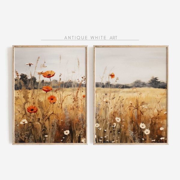 Fall Art Set of 2, Printable Autumn Wildflower Wall Art Set, Vintage Landscape Painting, Farmhouse Decor, Digital Download Art Print |S14