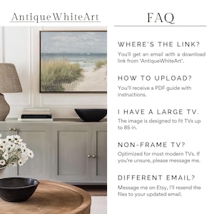 May include: FAQ section with text about downloading a digital art print, uploading instructions, and sizing for large TVs. The image shows a living room with a TV stand, a lamp, and a vase of flowers.