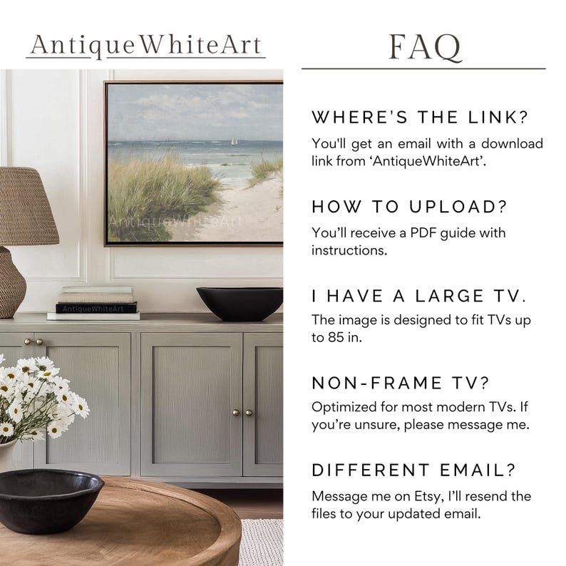 May include: FAQ section with text about downloading a digital art print, uploading instructions, and sizing for large TVs. The image shows a living room with a TV stand, a lamp, and a vase of flowers.