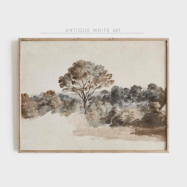 Muted Landscape Painting, Soft Neutral Tonal Print, Vintage Wall Art, Moody Watercolor Warm Tone Landscape, Digital Download | A116