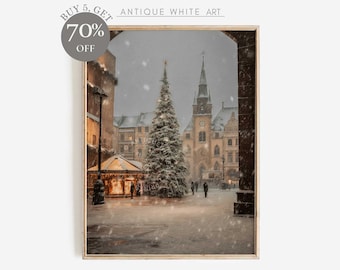 Printable Vintage Christmas Tree Print, Moody Winter Wall Art, Farmhouse Christmas Decor, Christmas Tree Painting, Digital Download | W62