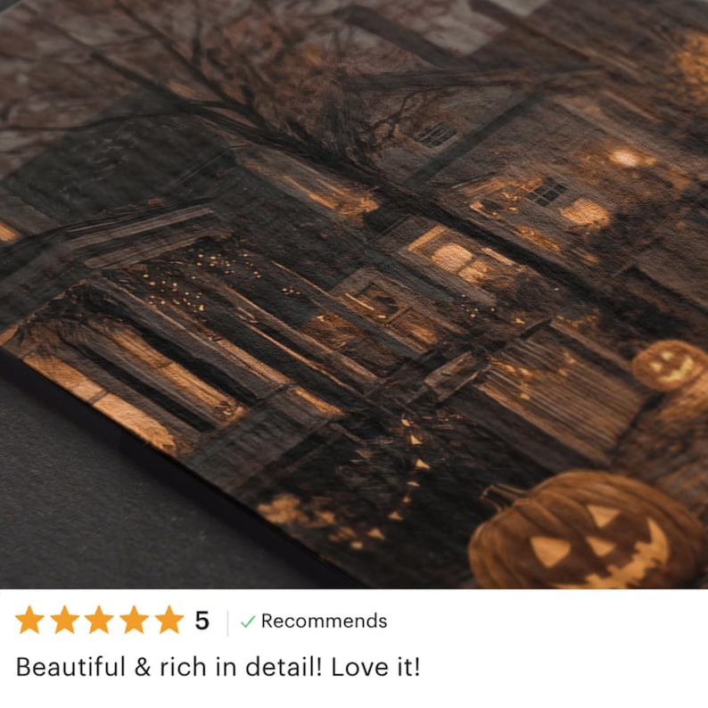 May include: A wooden artwork depicting a spooky Halloween scene. The image features a detailed illustration of a haunted house, jack-o'-lanterns, and a ghostly figure. The artwork is in shades of brown and orange, creating a vintage, eerie atmosphere.