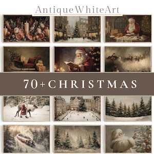 May include: A collection of vintage-style Christmas art prints. The prints feature scenes of Santa Claus, winter landscapes, and festive decorations. The text "70+ CHRISTMAS" is displayed prominently. The artwork is presented in a variety of rectangular formats.