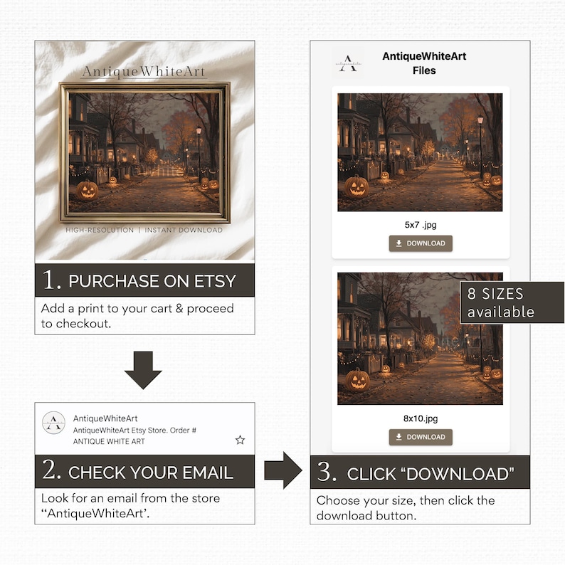 May include: An Etsy listing graphic with a framed print of a Halloween scene. The print depicts a street lined with houses, lit by streetlights and jack-o'-lanterns. Instructions are provided to purchase, check email, and download the print.
