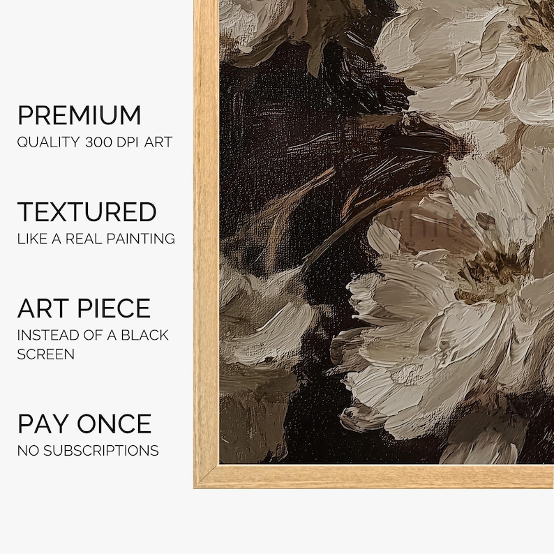 May include: A framed print of a painting featuring white flowers with a textured, brushstroke effect on a dark background. The print is framed in a light wood frame.