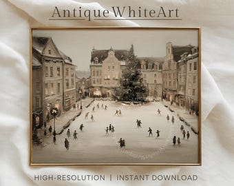 May include: A framed print depicting a snowy town square with buildings and a Christmas tree. The print is in a gold frame and features the text "Antique White Art". The bottom of the print reads "HIGH-RESOLUTION | INSTANT DOWNLOAD".