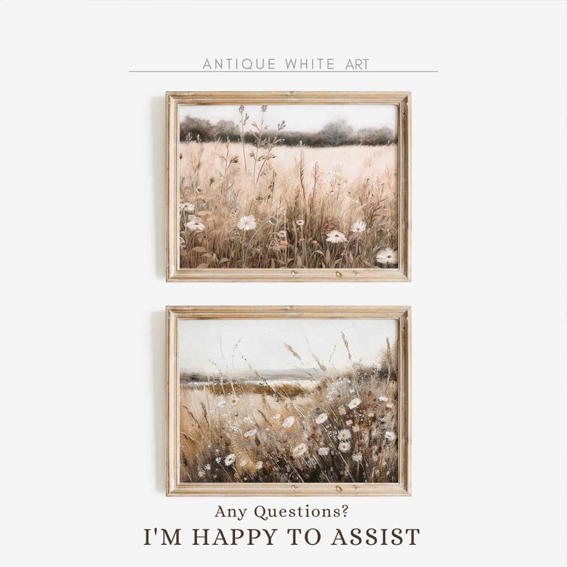 May include: Two framed prints of watercolor paintings depicting a field of wildflowers and tall grasses. The top print shows a field with a distant forest in the background. The bottom print shows a field with a lake in the background. Both prints have a light brown wooden frame.