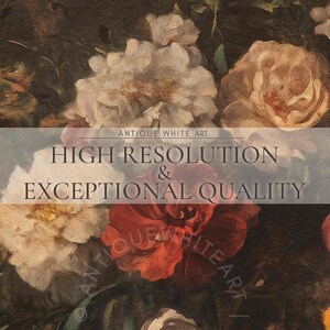 May include: A close-up of a still life painting featuring a bouquet of flowers in shades of white, red, and yellow. The flowers are arranged in a vase and are surrounded by lush green foliage. The painting is set against a dark background and features a text overlay that reads "Antique White Art High Resolution & Exceptional Quality".