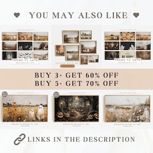 May include: Promotional image for framed art prints with a Halloween theme. The prints depict landscapes with ghosts, pumpkins, and bats. Text includes "YOU MAY ALSO LIKE", "BUY 3+ GET 60% OFF", and "LINKS IN THE DESCRIPTION".