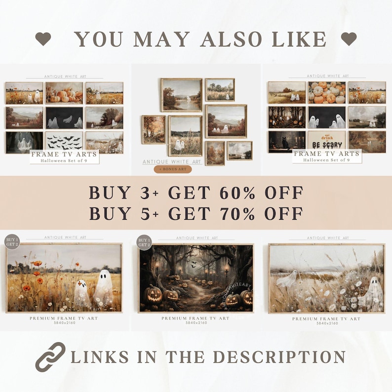 May include: Promotional image for framed art prints with a Halloween theme. The prints depict landscapes with ghosts, pumpkins, and bats. Text includes "YOU MAY ALSO LIKE", "BUY 3+ GET 60% OFF", and "LINKS IN THE DESCRIPTION".