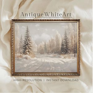 Vintagevintertryck, rustik snöig vinterskogskonst, neutral landskapsmålning, digital nedladdning | W246