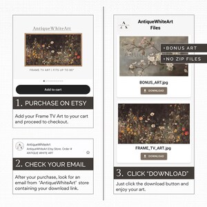May include: A digital download listing for a printable frame TV art print. The image shows a floral print with a variety of colours, including pink, yellow, and white. The listing includes a bonus art print and instructions on how to purchase and download the files.
