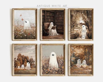 Conjunto de láminas imprimibles para galería de Halloween, láminas de fantasmas adorables, pintura otoñal, decoración de Halloween, conjunto de láminas para pared estilo granja, láminas descargables / S83