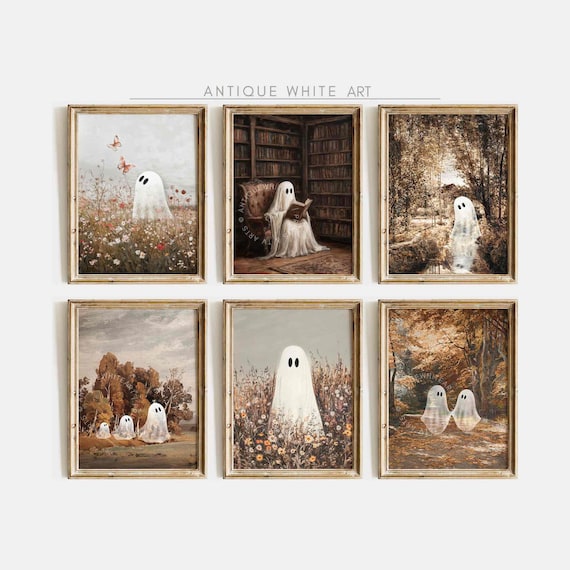 Printable Halloween Gallery Set, Cute Ghosts Prints, Fall Painting, Halloween Decor, Farmhouse Gallery Wall Set, Downloadable Prints | S83