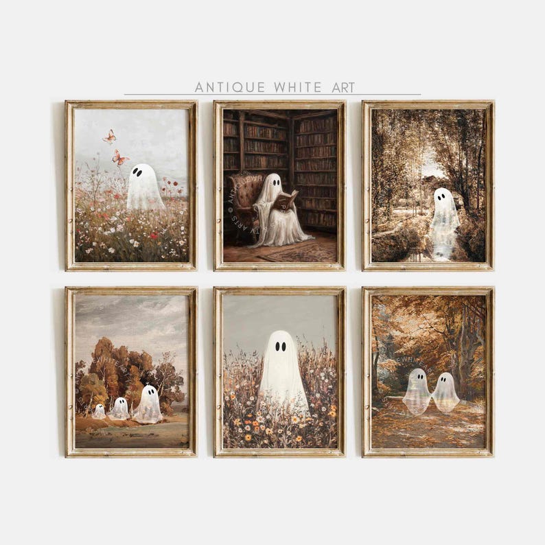 May include: Set of six antique white framed prints featuring various scenes with ghosts. The prints are in a rustic style with muted brown and beige tones. Each print features a ghost in a different setting, including a library, a forest, and a field of flowers.