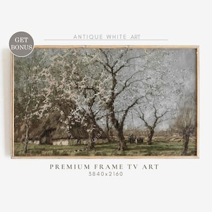 Könnte beinhalten: Ein Vintage-Gemälde einer Landschaft mit einem kleinen Häuschen und blühenden Bäumen. Das Gemälde ist in einem hellen Holzrahmen gerahmt. Das Gemälde ist 3840 x 2160 Pixel groß.