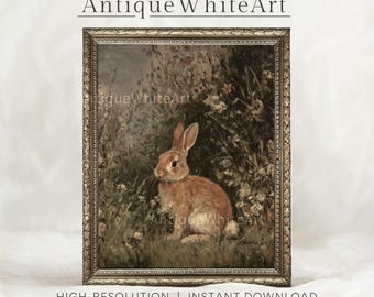 Donkere paasprint, konijn in wilde bloemen, humeurige vintage stijl paaskunst aan de muur, rustieke landelijke boerderij lente decor, instant download | A418