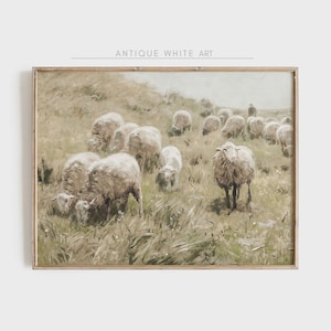 Vintage Sheep Painting, Muted Flock of Sheep Print, Cottagecore Landscape, Easter Farmhouse Decor, PRINTABLE Wall Art, Digital Download A121