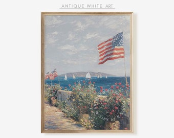 May include: A vintage painting of a seascape with sailboats and American flags waving in the wind. The scene is painted in a realistic style with a focus on the details of the water, sky, and foliage. The painting is framed in a simple, wooden frame.
