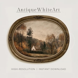 May include: An oval-shaped, ornate bronze-toned frame containing a landscape painting of a small white cottage nestled among autumn-colored trees under a muted, overcast sky. The text AntiqueWhiteArt is centered above the framed artwork.