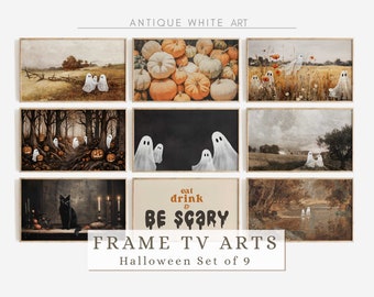 Halloween Frame TV Art Set, Ghost in Wildflower Field, Vintage Fall Landscape Paintings, Halloween Spooky Arts, Samsung Frame TV Set | TS14