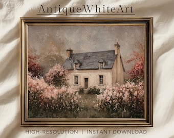 May include: A framed vintage painting of a quaint cottage with a gray roof, surrounded by pink and white flowering bushes. The artwork is set against a muted, cloudy sky. The text "Antique White Art" and "HIGH-RESOLUTION | INSTANT DOWNLOAD" are visible.