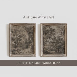 May include: Two framed black and white drawings of woodland scenes. The frames are silver with a distressed finish. The text "Antique White Art" is above the frames and the text "Create Unique Variations" is below the frames.