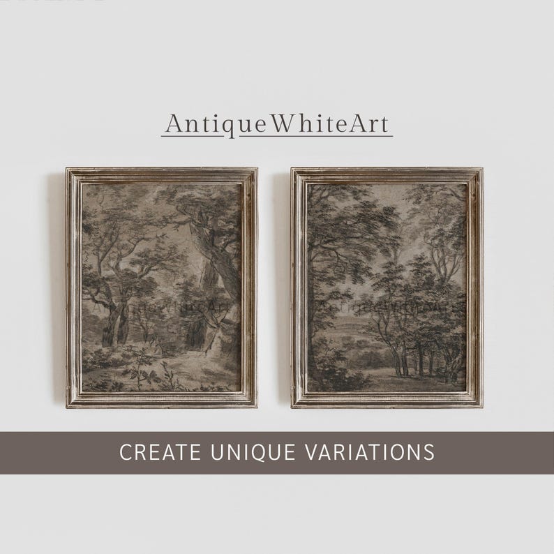 May include: Two framed black and white drawings of woodland scenes. The frames are silver with a distressed finish. The text "Antique White Art" is above the frames and the text "Create Unique Variations" is below the frames.
